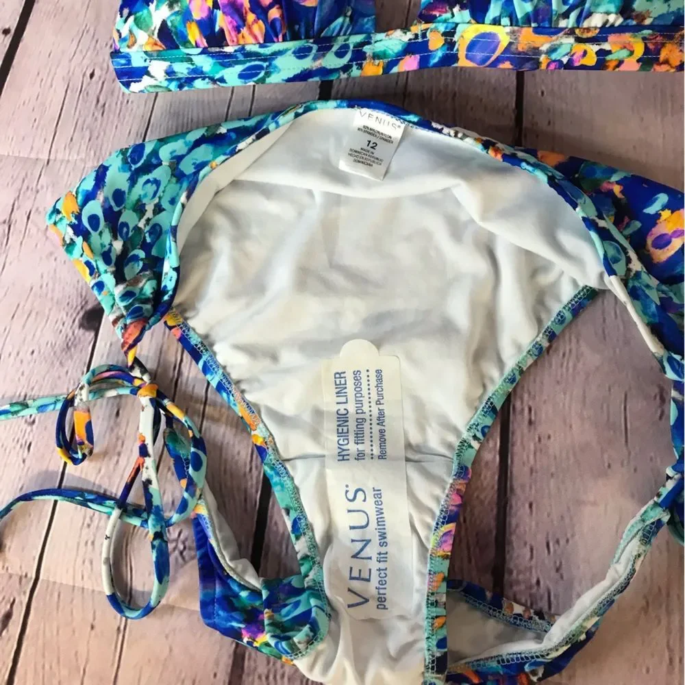 NWOT Turquoise Pink Venus Goddess Bikini Halter Top (32A) String Bottoms (12)